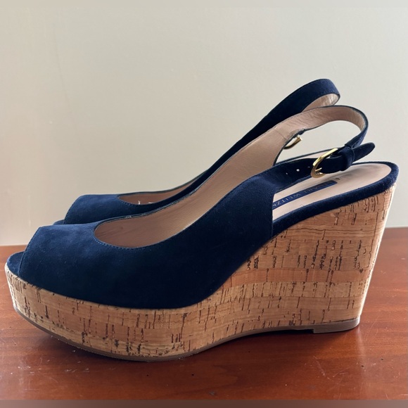 Stuart Weitzman Jean Suede Slingback Wedge Sandals size 8 1/2 Blue - Picture 3 of 12